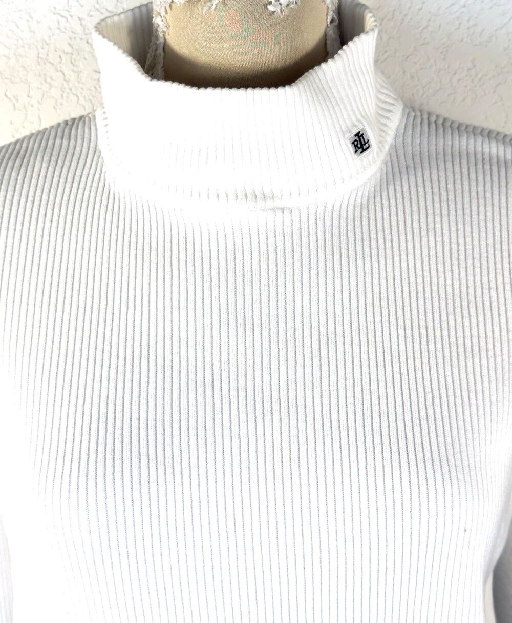 Lauren Ralph Lauren Women’s XL White Ribbed Turtleneck Sweater Logo Stretch